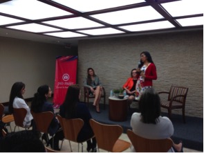Pro Mujer client Arely Pavon Torres shares her life story with JPMorgan employees during the WIN event 