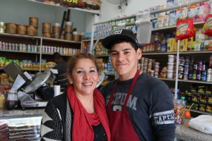 Sandra and her son Dario at Dario's workplace in Salta, Argentina. 